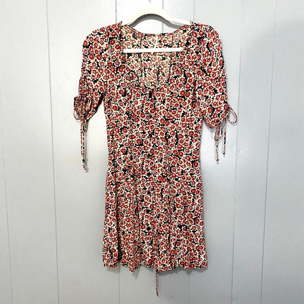 Free People Black Combo Floral Printed Laced Up Boho Summer Mini Dress XS